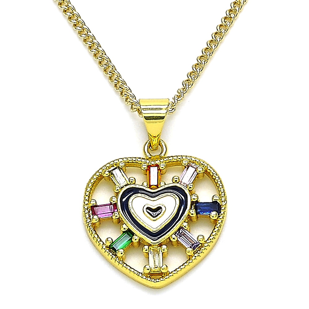 Oro Laminado Pendant Necklace, Gold Filled Style Heart and Baguette Design, with Multicolor Cubic Zirconia, Black Enamel Finish, Golden Finish