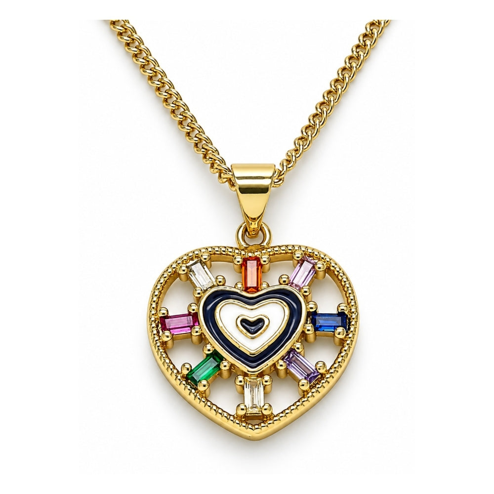 Oro Laminado Pendant Necklace, Gold Filled Style Heart and Baguette Design, with Multicolor Cubic Zirconia, Black Enamel Finish, Golden Finish