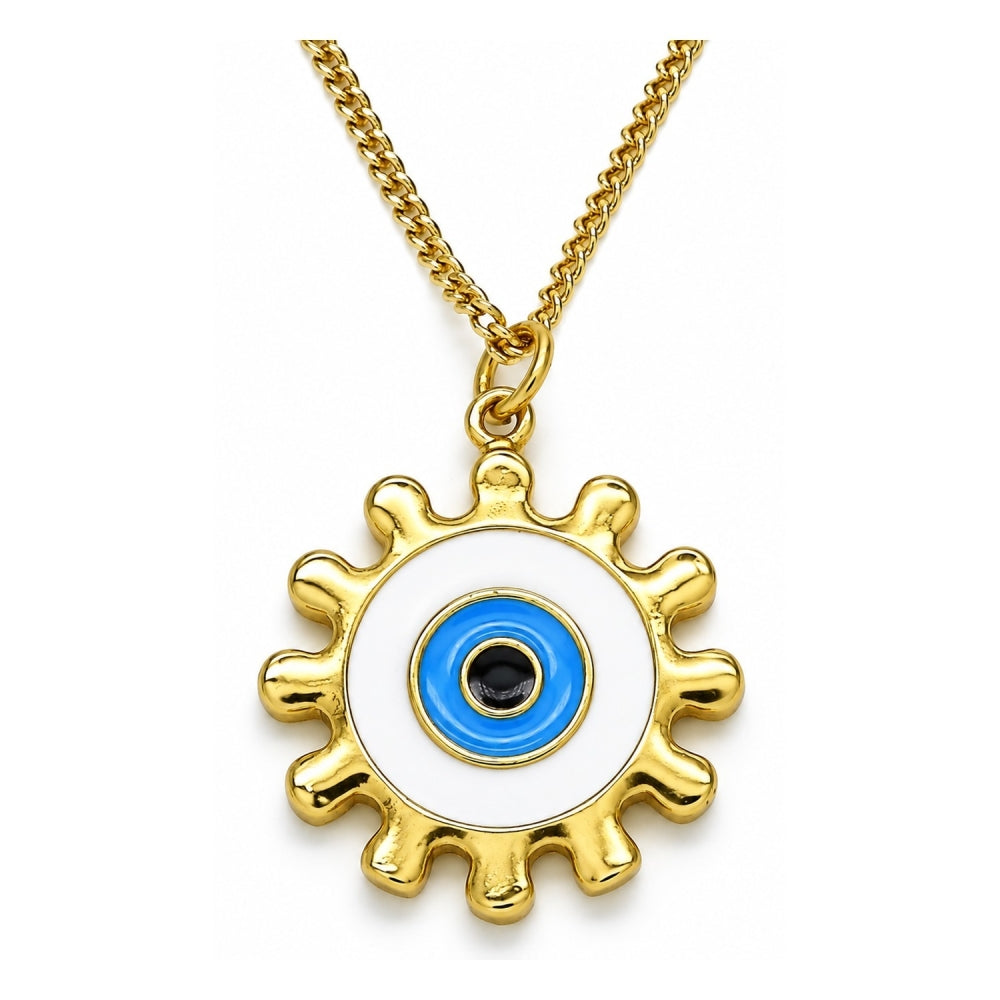Oro Laminado Pendant Necklace, Gold Filled Style Evil Eye and Sun Design, White Enamel Finish, Golden Finish