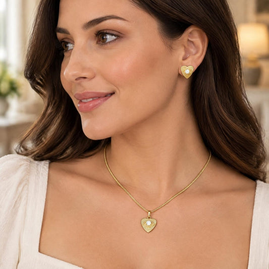 Oro Laminado Earring and Pendant Adult Set, Gold Filled Style Evil Eye and Heart Design, with White Cubic Zirconia, Polished, Golden Finish