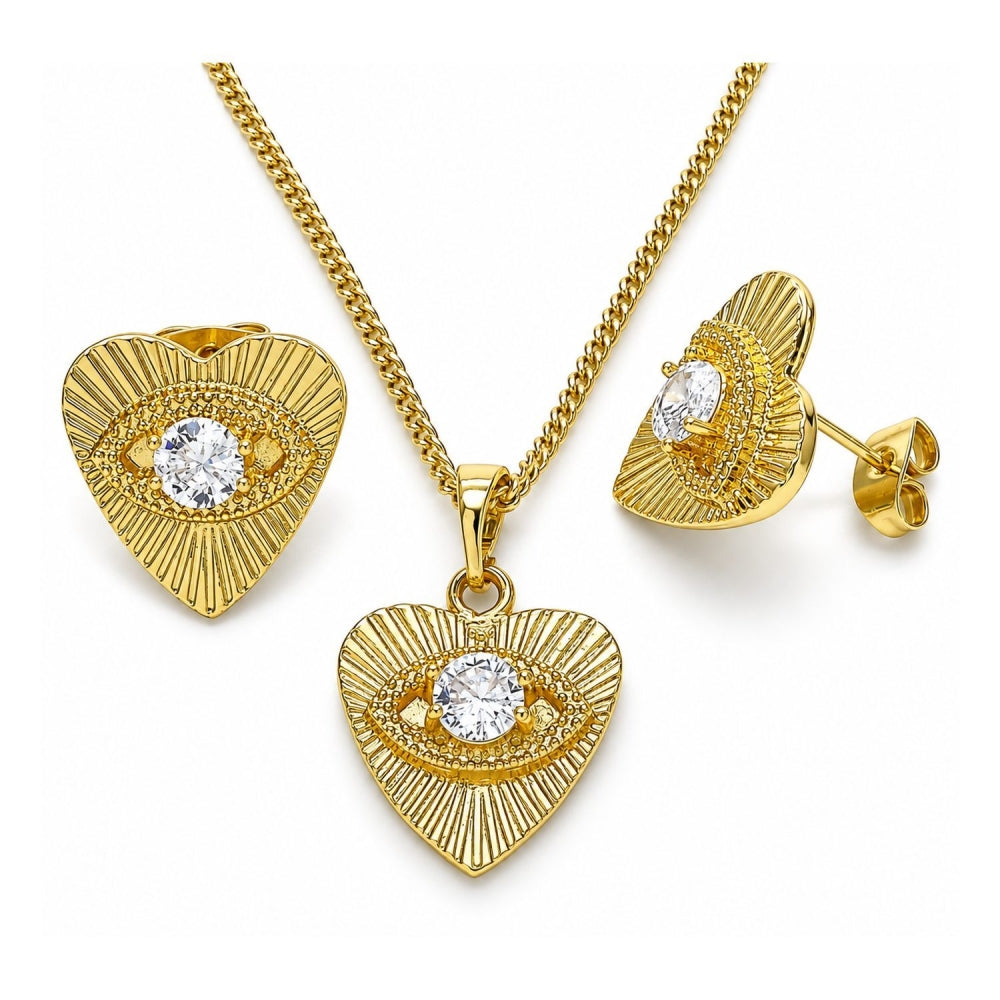 Oro Laminado Earring and Pendant Adult Set, Gold Filled Style Evil Eye and Heart Design, with White Cubic Zirconia, Polished, Golden Finish