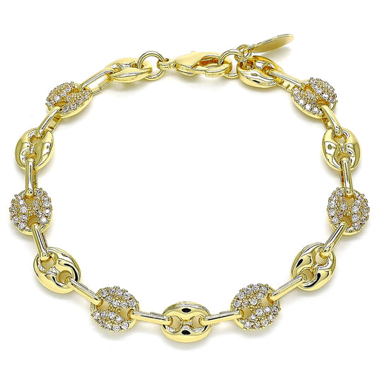 Oro Laminado Fancy Bracelet, Gold Filled Style Puff Mariner Design, with White Micro Pave, Polished, Golden Finish