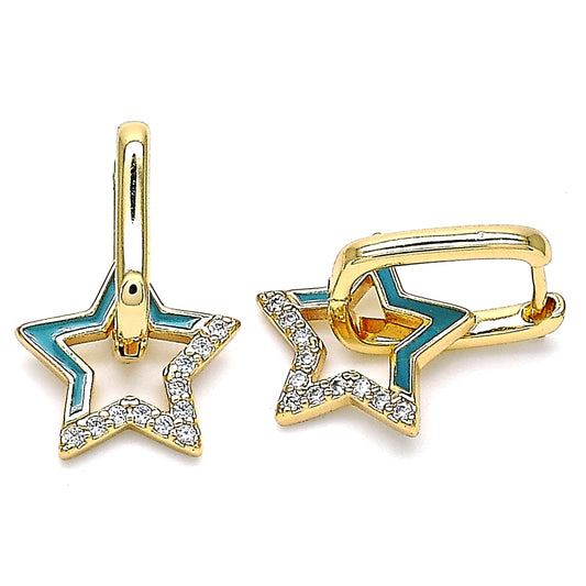 Oro Laminado Huggie Hoop, Gold Filled Style Star Design, with White Micro Pave, Turquoise Enamel Finish, Golden Finish