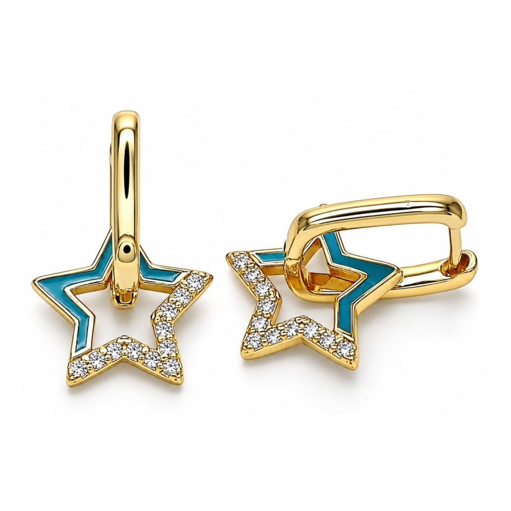 Oro Laminado Huggie Hoop, Gold Filled Style Star Design, with White Micro Pave, Turquoise Enamel Finish, Golden Finish