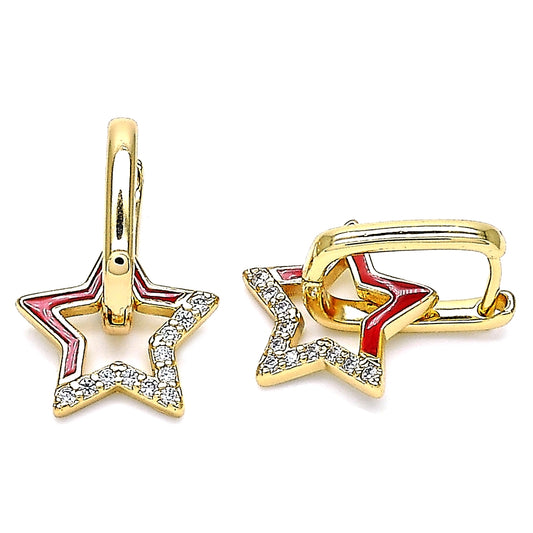 Oro Laminado Huggie Hoop, Gold Filled Style Star Design, with White Micro Pave, Red Enamel Finish, Golden Finish