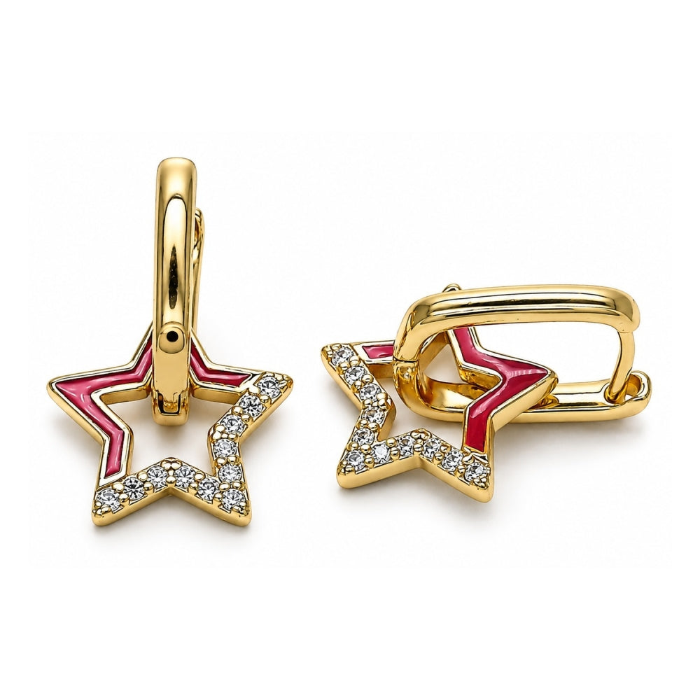 Oro Laminado Huggie Hoop, Gold Filled Style Star Design, with White Micro Pave, Red Enamel Finish, Golden Finish