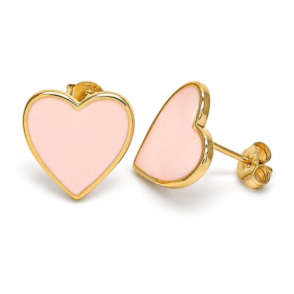Oro Laminado Stud Earring, Gold Filled Style Heart Design, Pink Enamel Finish, Golden Finish