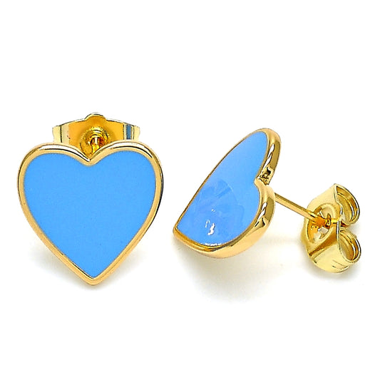 Oro Laminado Stud Earring, Gold Filled Style Heart Design, Blue Enamel Finish, Golden Finish