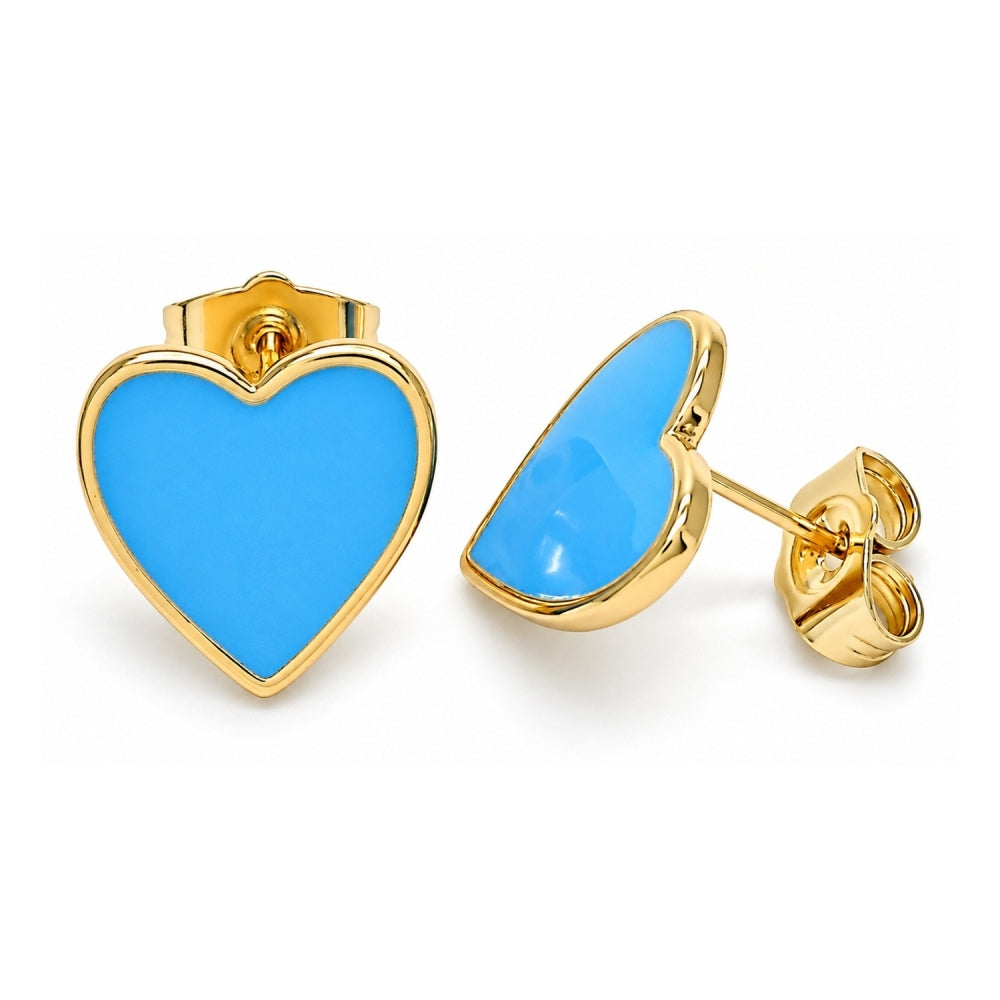 Oro Laminado Stud Earring, Gold Filled Style Heart Design, Blue Enamel Finish, Golden Finish