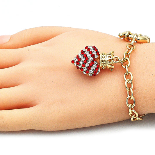 Oro Laminado Charm Bracelet, Gold Filled Style Heart and Crown Design, with Garnet and White Crystal, Polished, Golden Finish