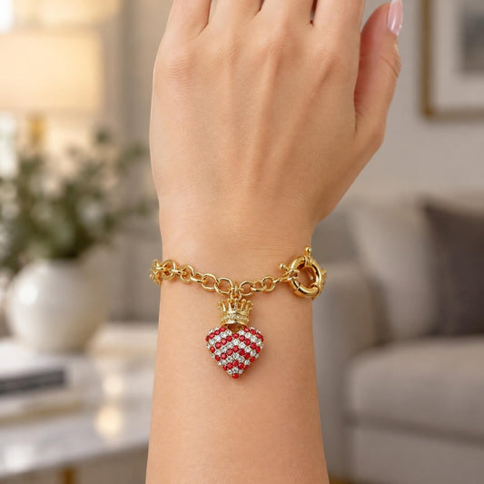 Oro Laminado Charm Bracelet, Gold Filled Style Heart and Crown Design, with Garnet and White Crystal, Polished, Golden Finish