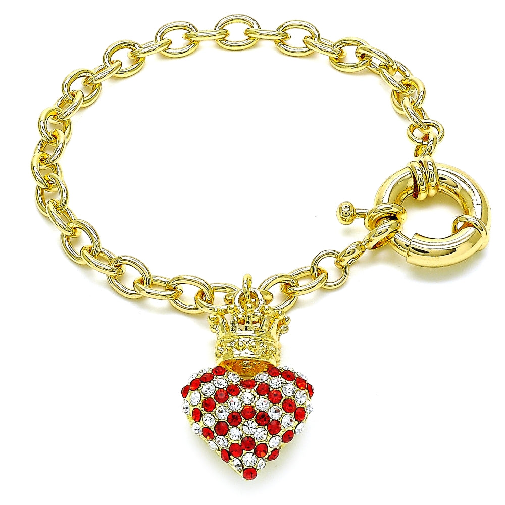 Oro Laminado Charm Bracelet, Gold Filled Style Heart and Crown Design, with Garnet and White Crystal, Polished, Golden Finish