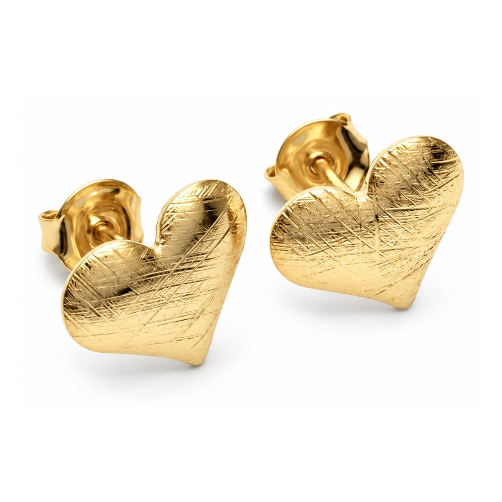 Oro Laminado Stud Earring, Gold Filled Style Heart Design, Brushed Finish, Golden Finish