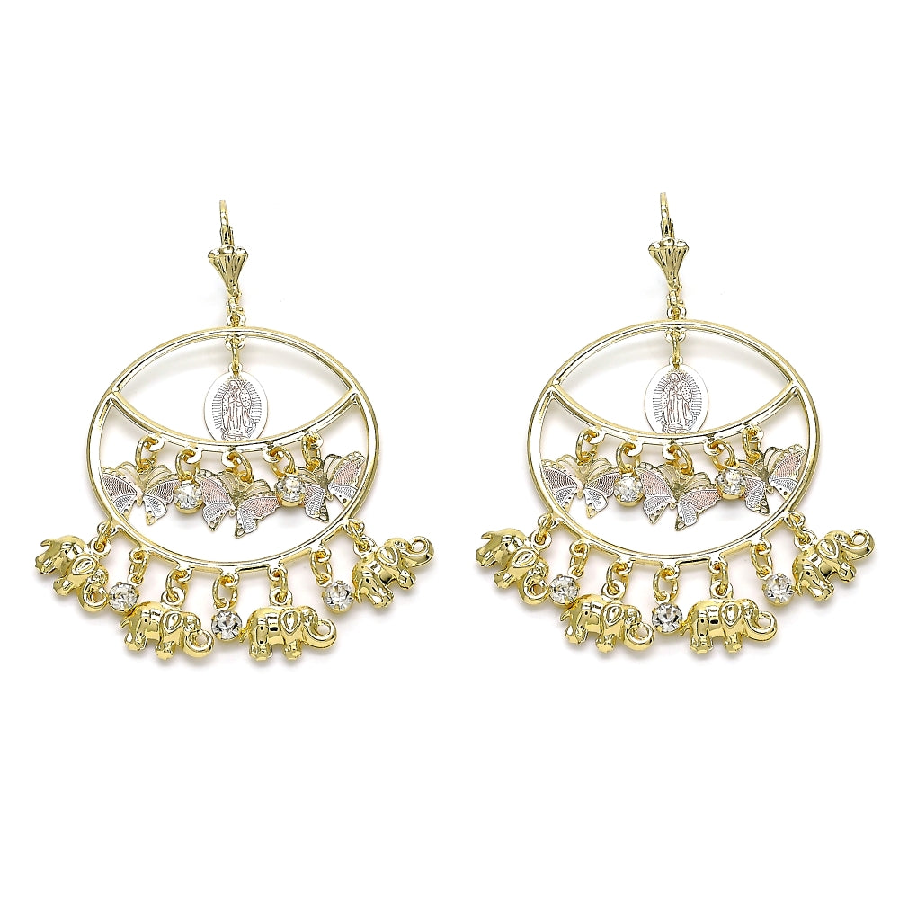 Oro Laminado Long Earring, Gold Filled Style Guadalupe and Butterfly Design, with White Crystal, Polished, Tricolor