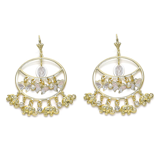 Oro Laminado Long Earring, Gold Filled Style Guadalupe and Butterfly Design, with White Crystal, Polished, Tricolor