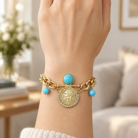 Oro Laminado Charm Bracelet, Gold Filled Style with Turquoise Opal and White Crystal, Polished, Golden Finish