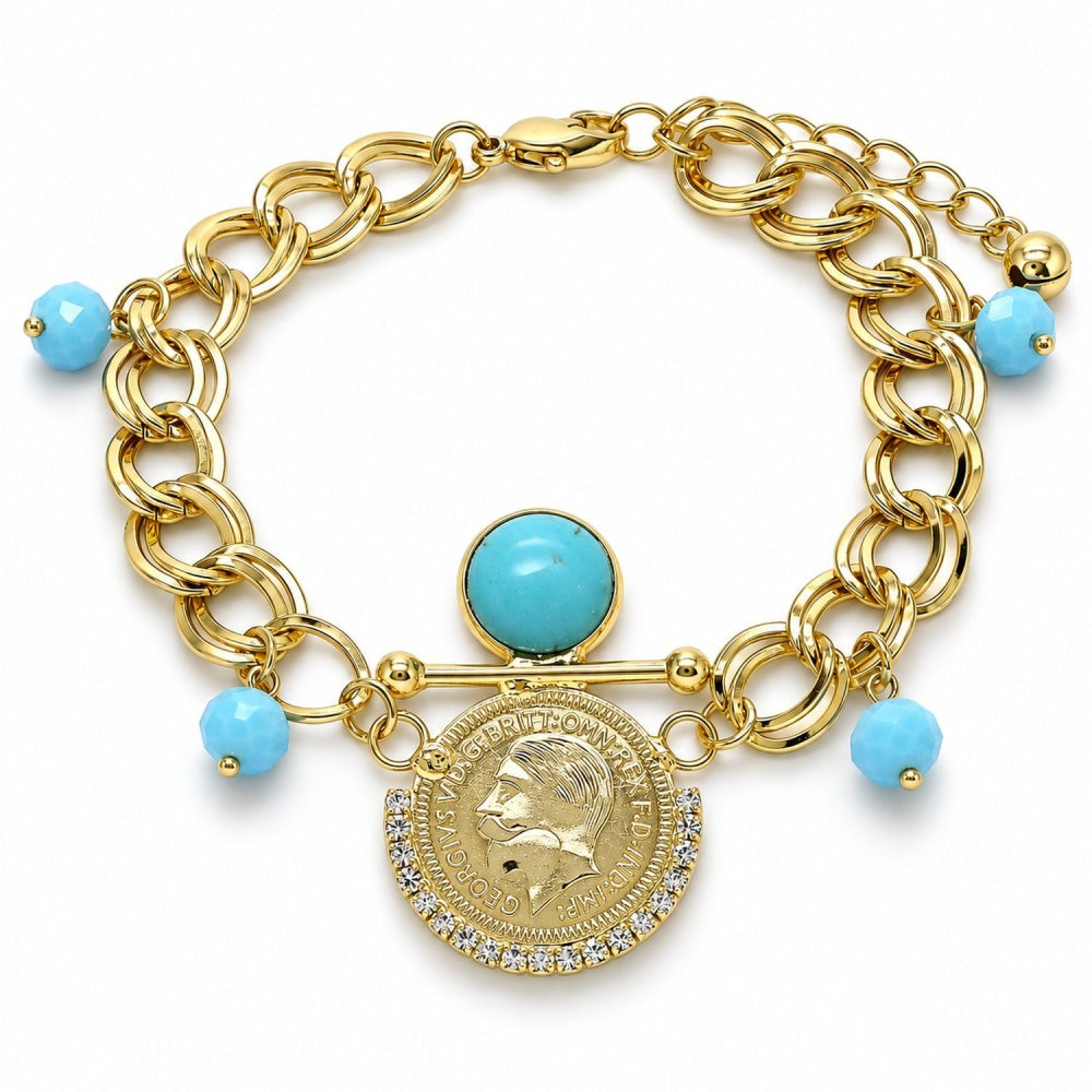 Oro Laminado Charm Bracelet, Gold Filled Style with Turquoise Opal and White Crystal, Polished, Golden Finish
