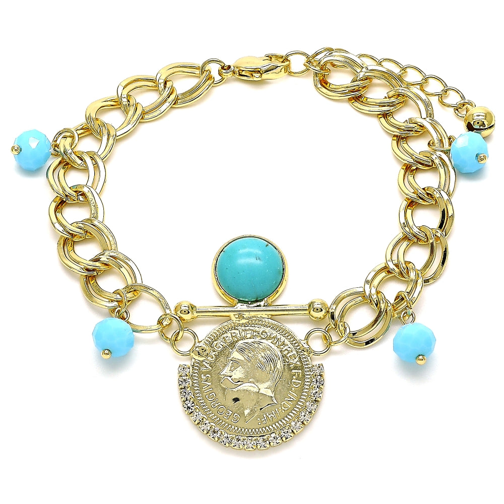 Oro Laminado Charm Bracelet, Gold Filled Style with Turquoise Opal and White Crystal, Polished, Golden Finish
