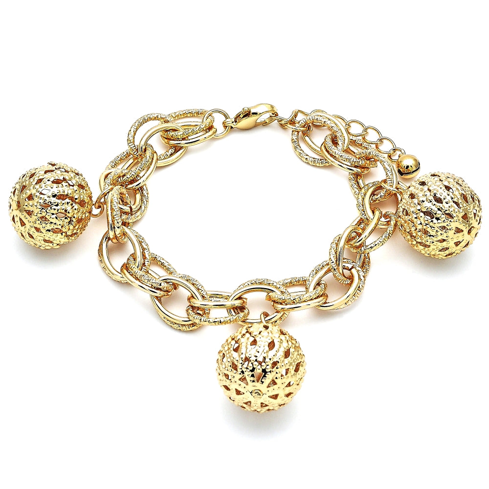 Oro Laminado Charm Bracelet, Gold Filled Style Ball Design, Polished, Golden Finish