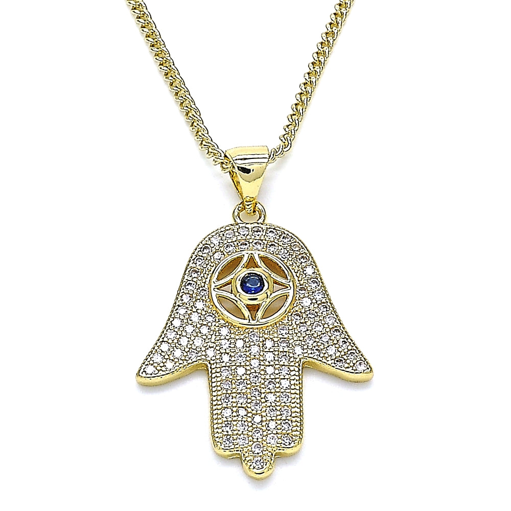 Oro Laminado Pendant Necklace, Gold Filled Style Hand of God and Judaica Design, with Sapphire Blue Cubic Zirconia and White Crystal, Polished, Golden Finish