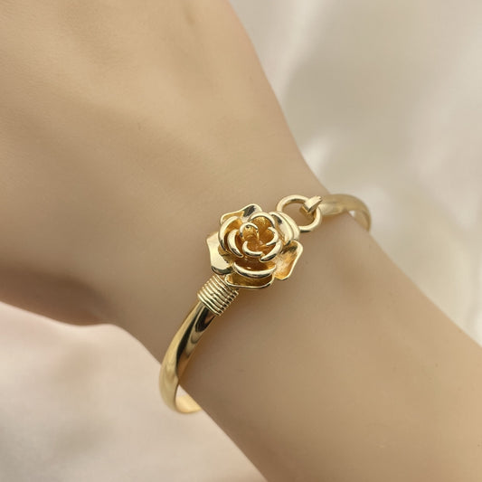 Oro Laminado Individual Bangle, Gold Filled Style Flower Design, Polished, Golden Finish