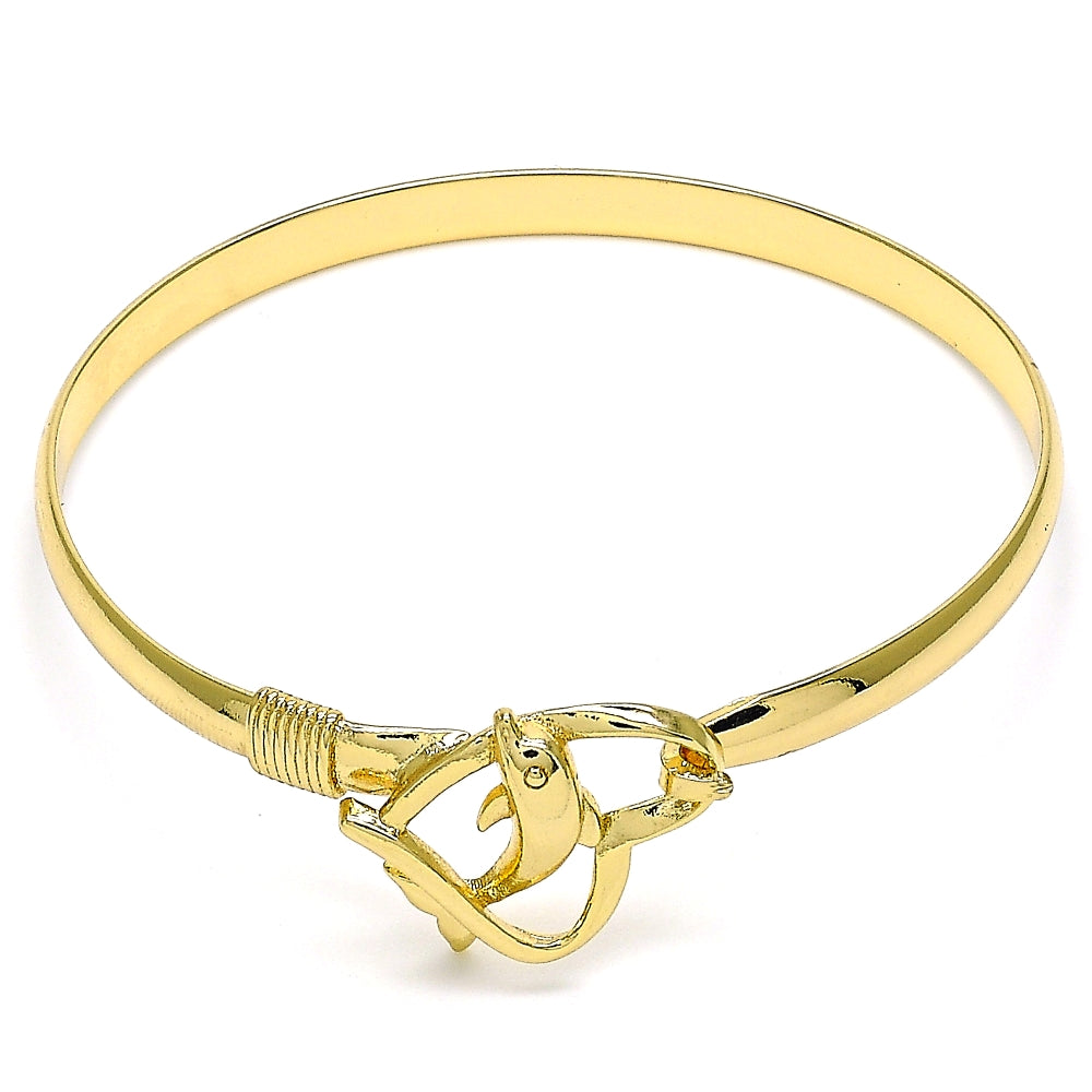 Oro Laminado Individual Bangle, Gold Filled Style Dolphin and Heart Design, Polished, Golden Finish