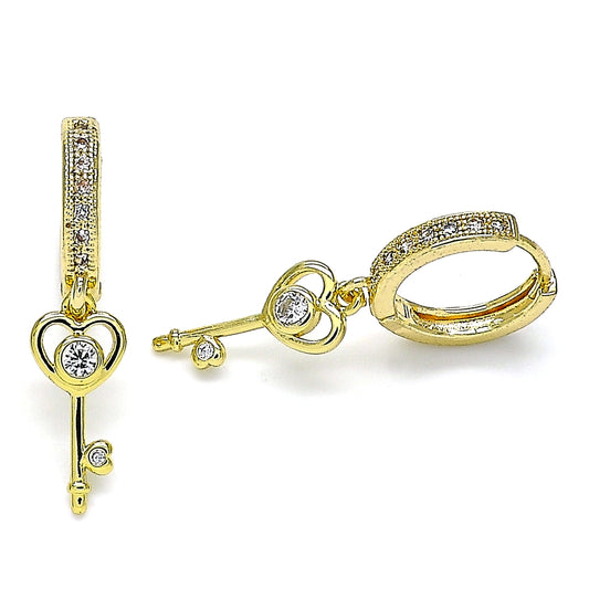 Oro Laminado Huggie Hoop, Gold Filled Style key and Heart Design, with White Cubic Zirconia and White Micro Pave, Polished, Golden Finish