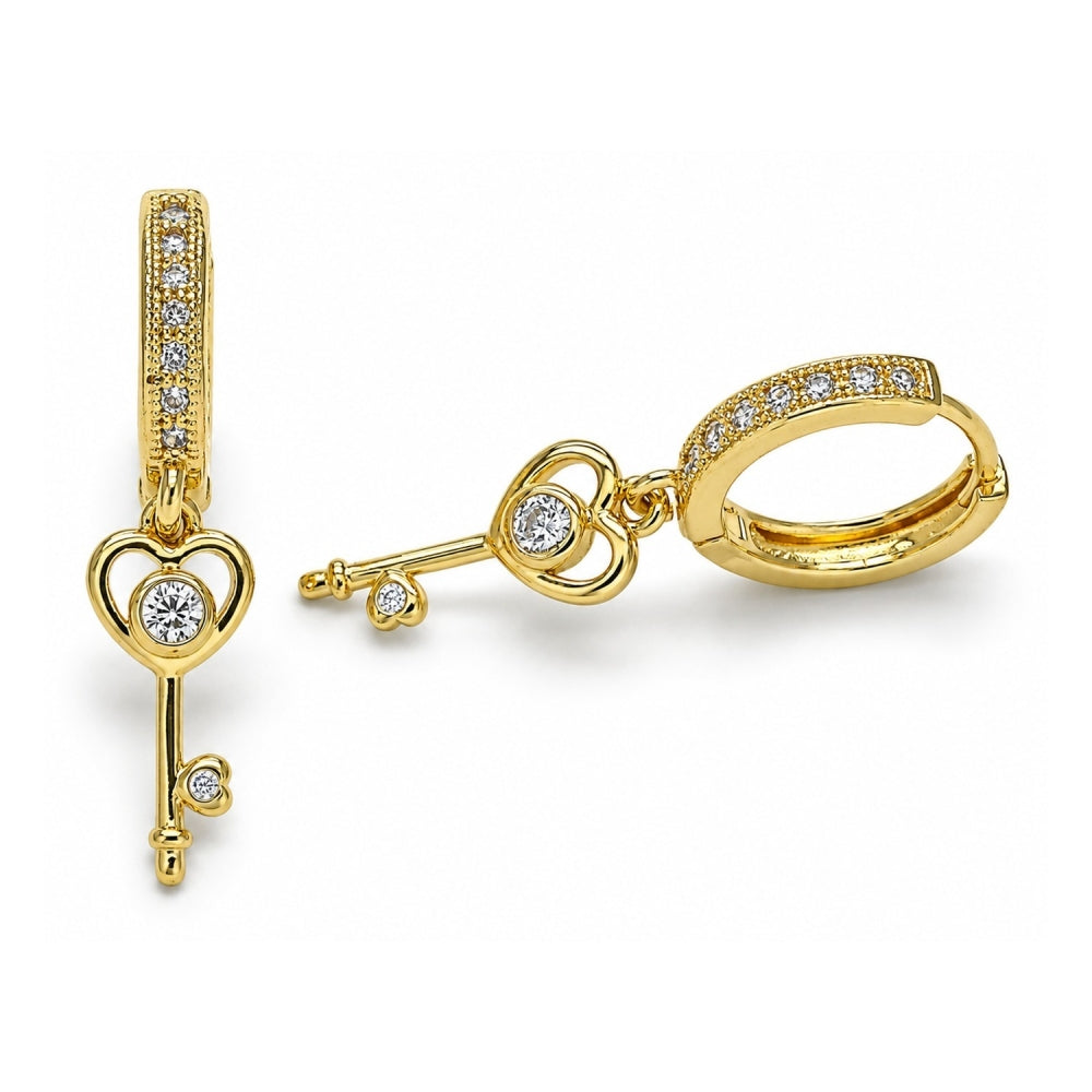 Oro Laminado Huggie Hoop, Gold Filled Style key and Heart Design, with White Cubic Zirconia and White Micro Pave, Polished, Golden Finish