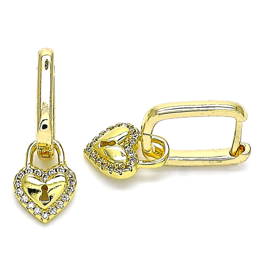 Oro Laminado Huggie Hoop, Gold Filled Style Heart and Lock Design, with White Micro Pave, Polished, Golden Finish