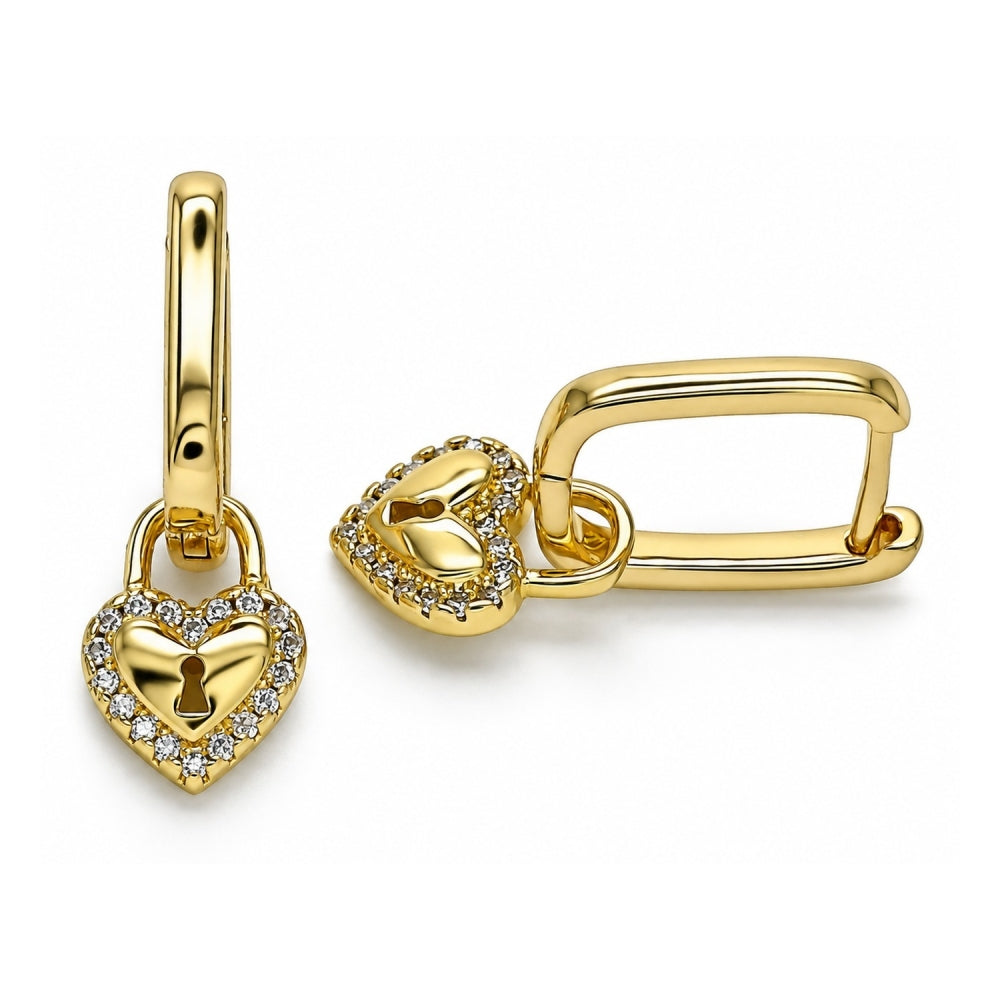 Oro Laminado Huggie Hoop, Gold Filled Style Heart and Lock Design, with White Micro Pave, Polished, Golden Finish