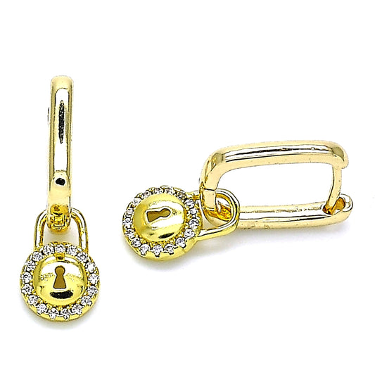 Oro Laminado Huggie Hoop, Gold Filled Style Lock Design, with White Micro Pave, Polished, Golden Finish