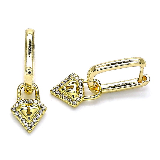 Oro Laminado Huggie Hoop, Gold Filled Style Lock and Diamond Design, with White Micro Pave, Polished, Golden Finish