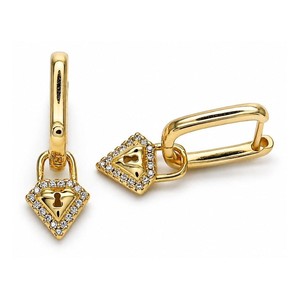 Oro Laminado Huggie Hoop, Gold Filled Style Lock and Diamond Design, with White Micro Pave, Polished, Golden Finish