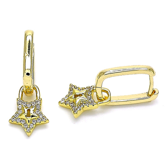 Oro Laminado Huggie Hoop, Gold Filled Style Lock and Star Design, with White Micro Pave, Polished, Golden Finish