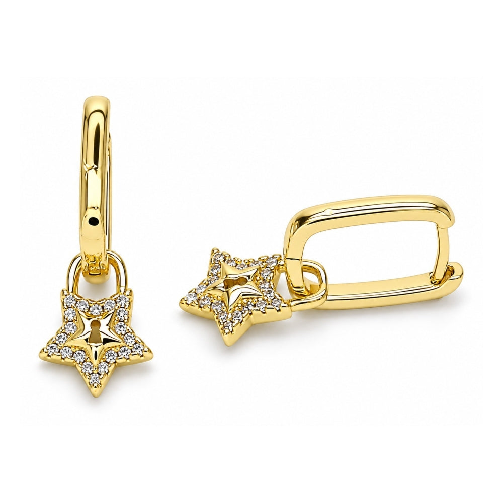 Oro Laminado Huggie Hoop, Gold Filled Style Lock and Star Design, with White Micro Pave, Polished, Golden Finish