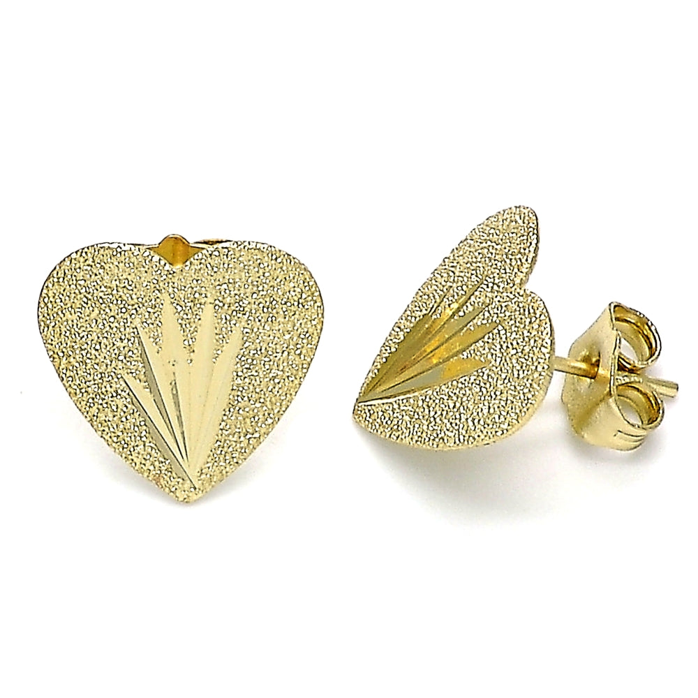 Oro Laminado Stud Earring, Gold Filled Style Heart Design, Diamond Cutting Finish, Golden Finish