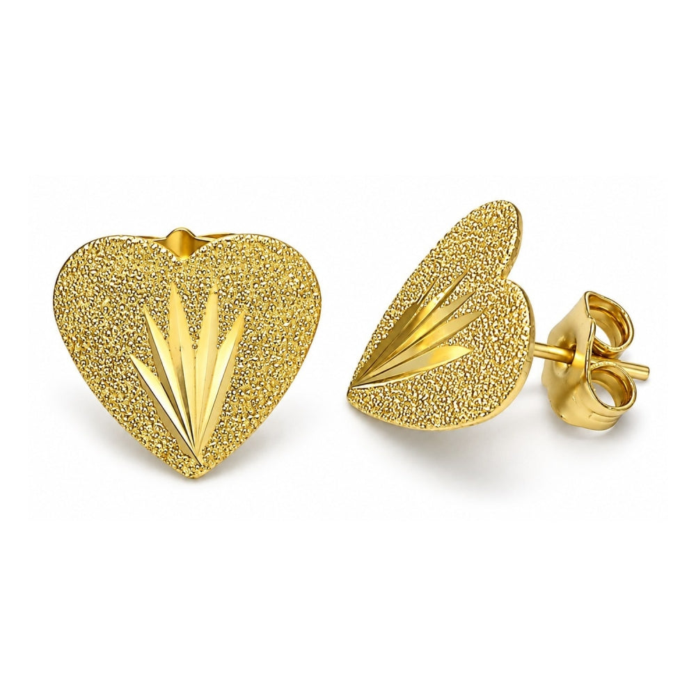 Oro Laminado Stud Earring, Gold Filled Style Heart Design, Diamond Cutting Finish, Golden Finish