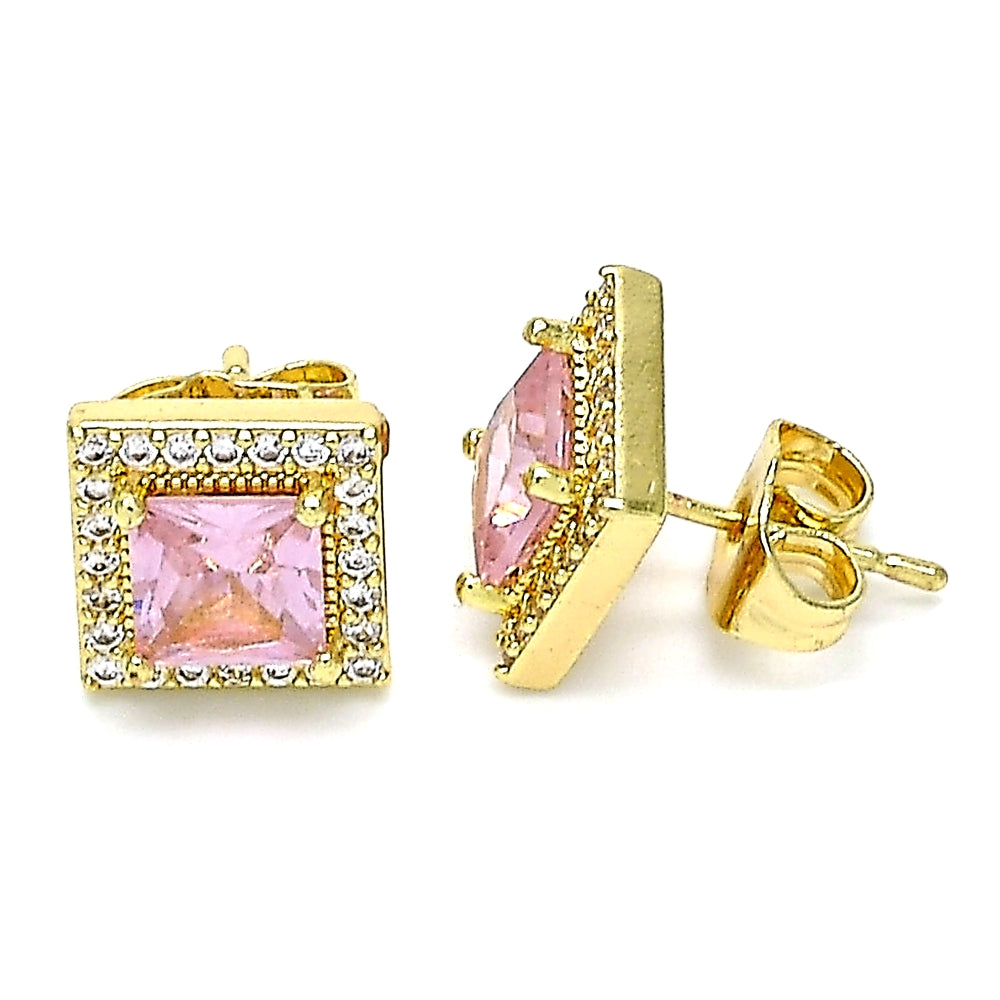 Oro Laminado Stud Earring, Gold Filled Style with Pink Cubic Zirconia and White Micro Pave, Polished, Golden Finish