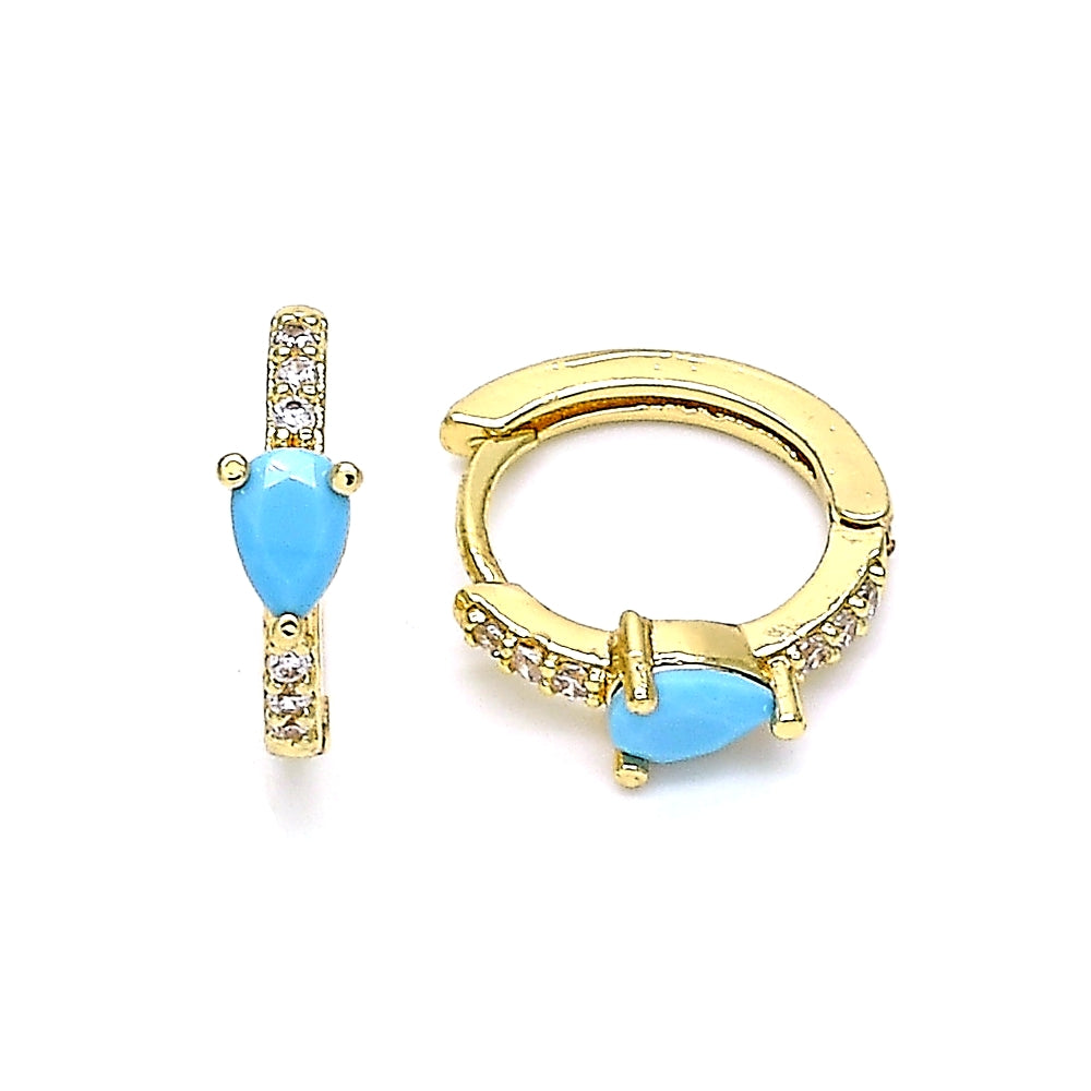Oro Laminado Huggie Hoop, Gold Filled Style Teardrop Design, with Turquoise Cubic Zirconia and White Micro Pave, Polished, Golden Finish