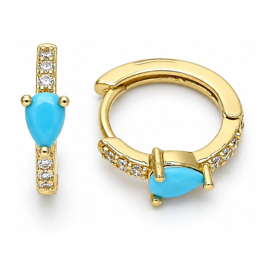Oro Laminado Huggie Hoop, Gold Filled Style Teardrop Design, with Turquoise Cubic Zirconia and White Micro Pave, Polished, Golden Finish