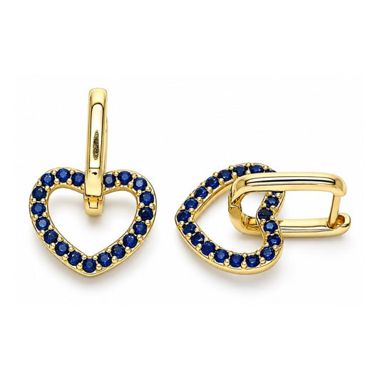Oro Laminado Huggie Hoop, Gold Filled Style Heart Design, with Sapphire Blue Cubic Zirconia, Polished, Golden Finish