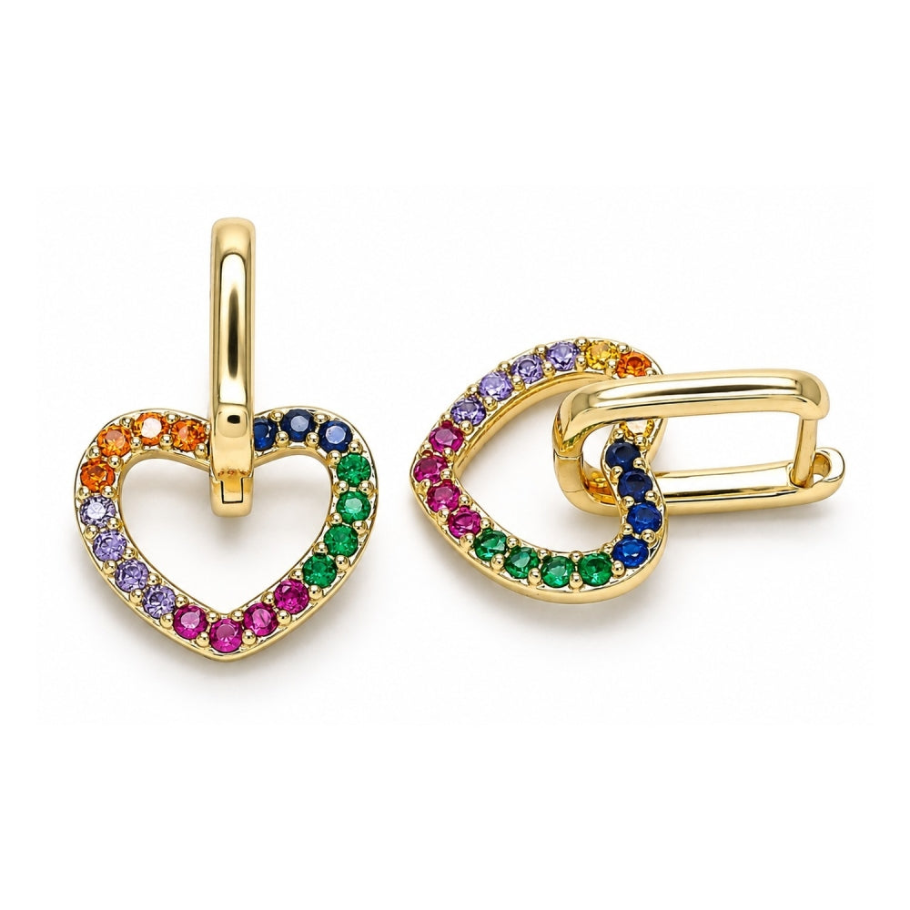 Oro Laminado Huggie Hoop, Gold Filled Style Heart Design, with Multicolor Cubic Zirconia, Polished, Golden Finish
