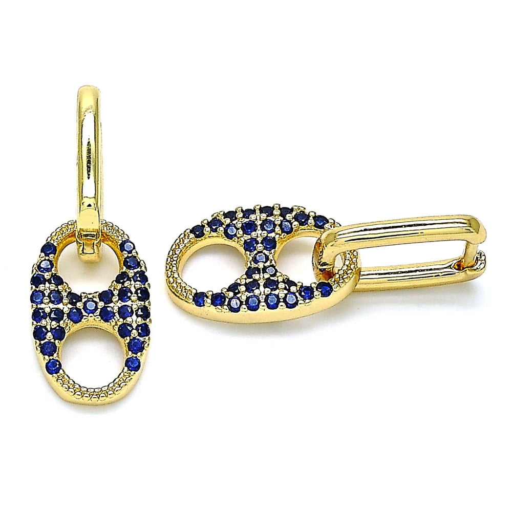 Oro Laminado Huggie Hoop, Gold Filled Style Puff Mariner Design, with Sapphire Blue Cubic Zirconia, Polished, Golden Finish