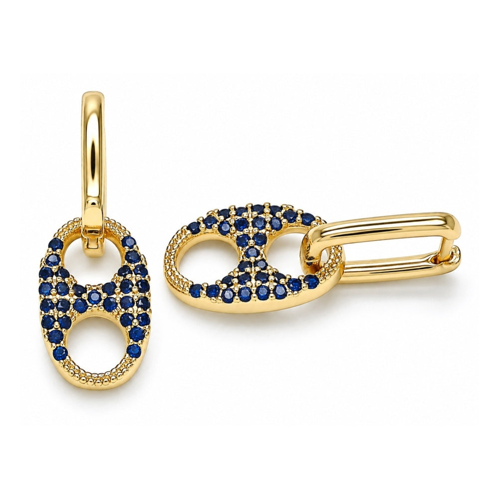 Oro Laminado Huggie Hoop, Gold Filled Style Puff Mariner Design, with Sapphire Blue Cubic Zirconia, Polished, Golden Finish
