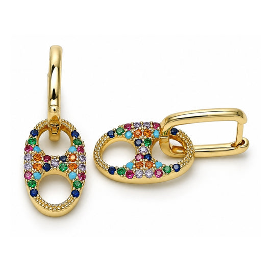 Oro Laminado Huggie Hoop, Gold Filled Style Puff Mariner Design, with Multicolor Cubic Zirconia, Polished, Golden Finish