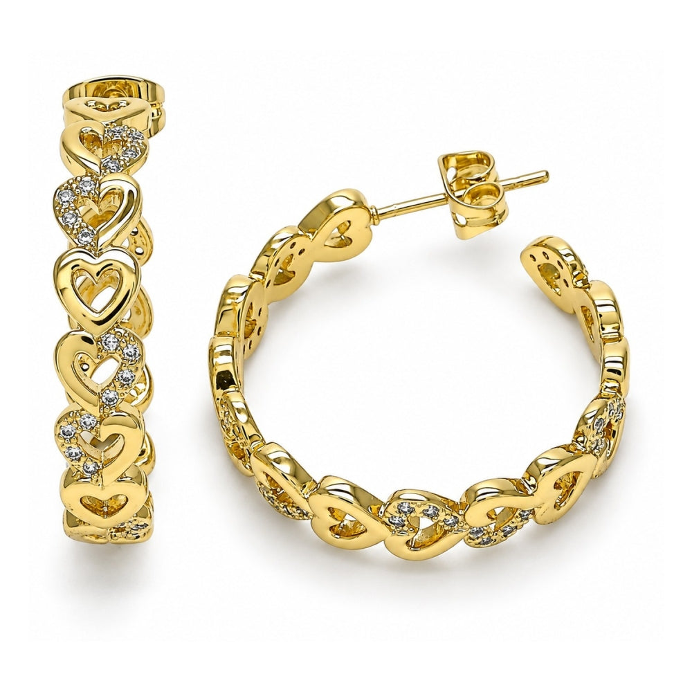Oro Laminado Stud Earring, Gold Filled Style Heart Design, with White Micro Pave, Polished, Golden Finish