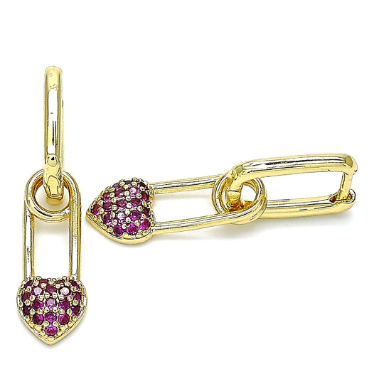 Oro Laminado Huggie Hoop, Gold Filled Style Paperclip and Heart Design, with Ruby Cubic Zirconia, Polished, Golden Finish