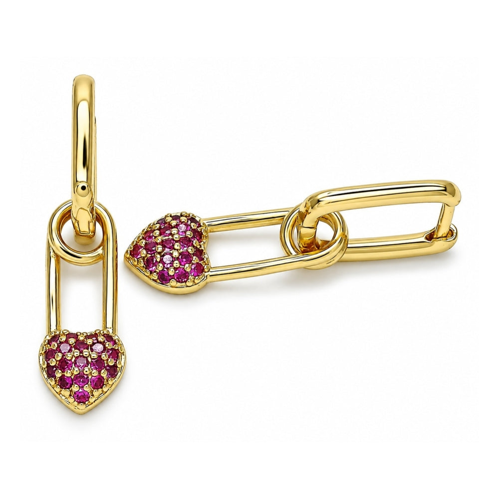 Oro Laminado Huggie Hoop, Gold Filled Style Paperclip and Heart Design, with Ruby Cubic Zirconia, Polished, Golden Finish