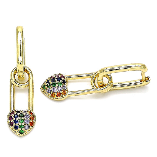 Oro Laminado Huggie Hoop, Gold Filled Style Paperclip and Heart Design, with Multicolor Cubic Zirconia, Polished, Golden Finish