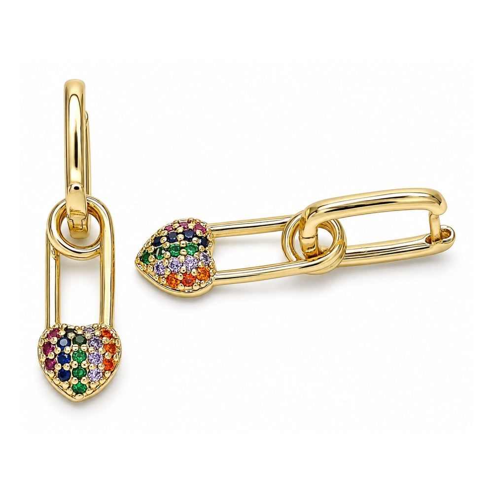 Oro Laminado Huggie Hoop, Gold Filled Style Paperclip and Heart Design, with Multicolor Cubic Zirconia, Polished, Golden Finish